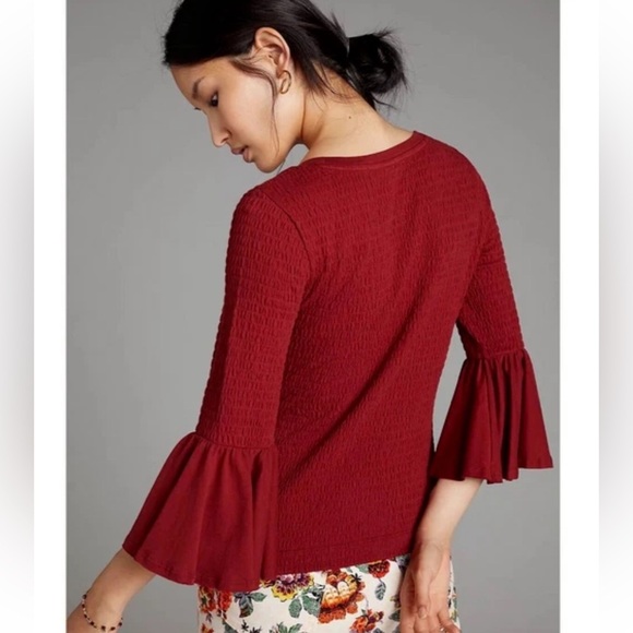 Anthropologie Smocked Bell Sleeve Top- Wine/Burgundy - Picture 2 of 5